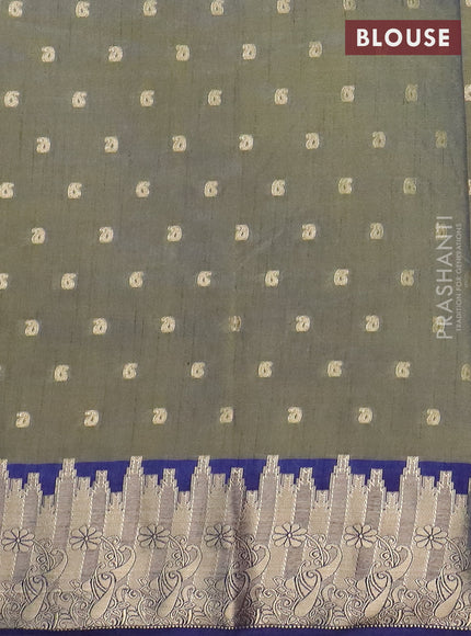 Semi raw silk saree mehendi green and blue with allover kalamkari prints & 1000 zari buttas and temple design zari woven border