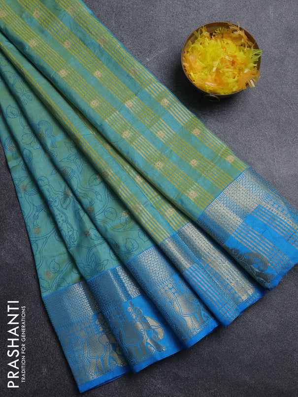 Semi raw silk saree teal bluish green and cs blue with allover kalamkari prints & 1000 zari buttas and zari woven elephant butta border