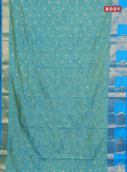 Semi raw silk saree teal bluish green and cs blue with allover kalamkari prints & 1000 zari buttas and zari woven elephant butta border