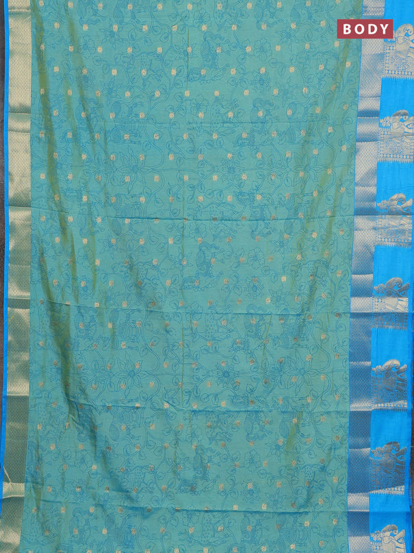 Semi raw silk saree teal bluish green and cs blue with allover kalamkari prints & 1000 zari buttas and zari woven elephant butta border