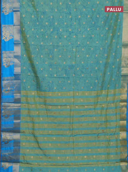 Semi raw silk saree teal bluish green and cs blue with allover kalamkari prints & 1000 zari buttas and zari woven elephant butta border