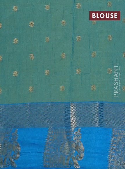 Semi raw silk saree teal bluish green and cs blue with allover kalamkari prints & 1000 zari buttas and zari woven elephant butta border