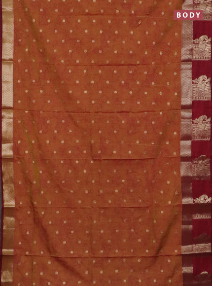 Semi raw silk saree dark mustard and maroon with allover kalamkari prints & 1000 zari buttas and zari woven elephant butta border
