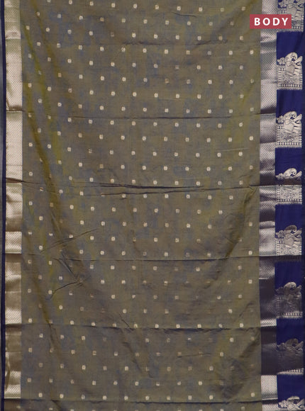 Semi raw silk saree mehendi green and navy blue with allover kalamkari prints & 1000 zari buttas and zari woven elephant butta border