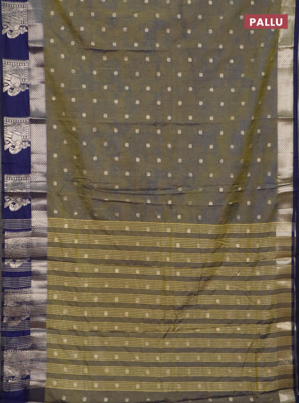 Semi raw silk saree mehendi green and navy blue with allover kalamkari prints & 1000 zari buttas and zari woven elephant butta border