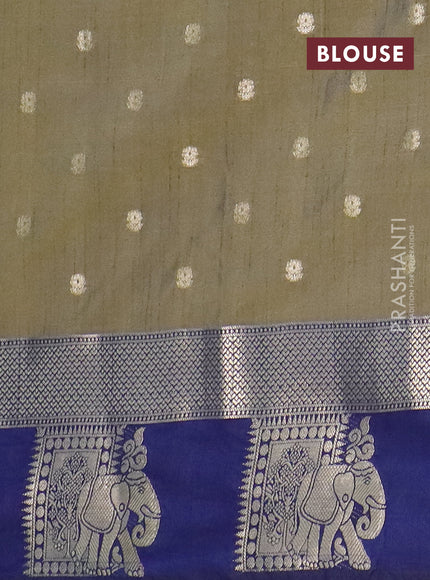 Semi raw silk saree mehendi green and navy blue with allover kalamkari prints & 1000 zari buttas and zari woven elephant butta border