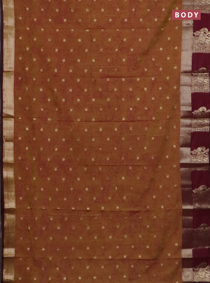 Semi raw silk saree dark mustard and wine shade with allover kalamkari prints & 1000 zari buttas and zari woven elephant butta border