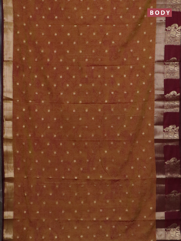 Semi raw silk saree dark mustard and wine shade with allover kalamkari prints & 1000 zari buttas and zari woven elephant butta border