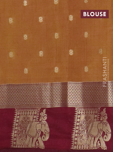 Semi raw silk saree dark mustard and wine shade with allover kalamkari prints & 1000 zari buttas and zari woven elephant butta border