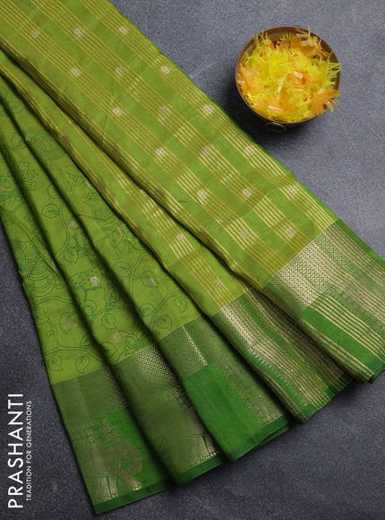 Semi raw silk saree light green and green with allover kalamkari prints & 1000 zari buttas and zari woven elephant butta border