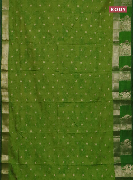 Semi raw silk saree light green and green with allover kalamkari prints & 1000 zari buttas and zari woven elephant butta border