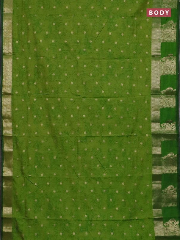 Semi raw silk saree light green and green with allover kalamkari prints & 1000 zari buttas and zari woven elephant butta border