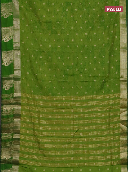 Semi raw silk saree light green and green with allover kalamkari prints & 1000 zari buttas and zari woven elephant butta border