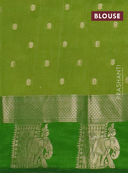 Semi raw silk saree light green and green with allover kalamkari prints & 1000 zari buttas and zari woven elephant butta border