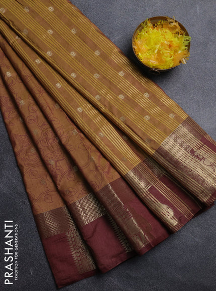 Semi raw silk saree dark mustard green and brown with allover kalamkari prints & 1000 zari buttas and zari woven elephant butta border