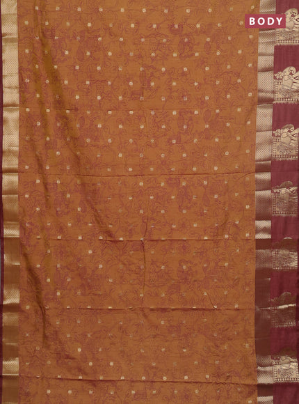 Semi raw silk saree dark mustard green and brown with allover kalamkari prints & 1000 zari buttas and zari woven elephant butta border