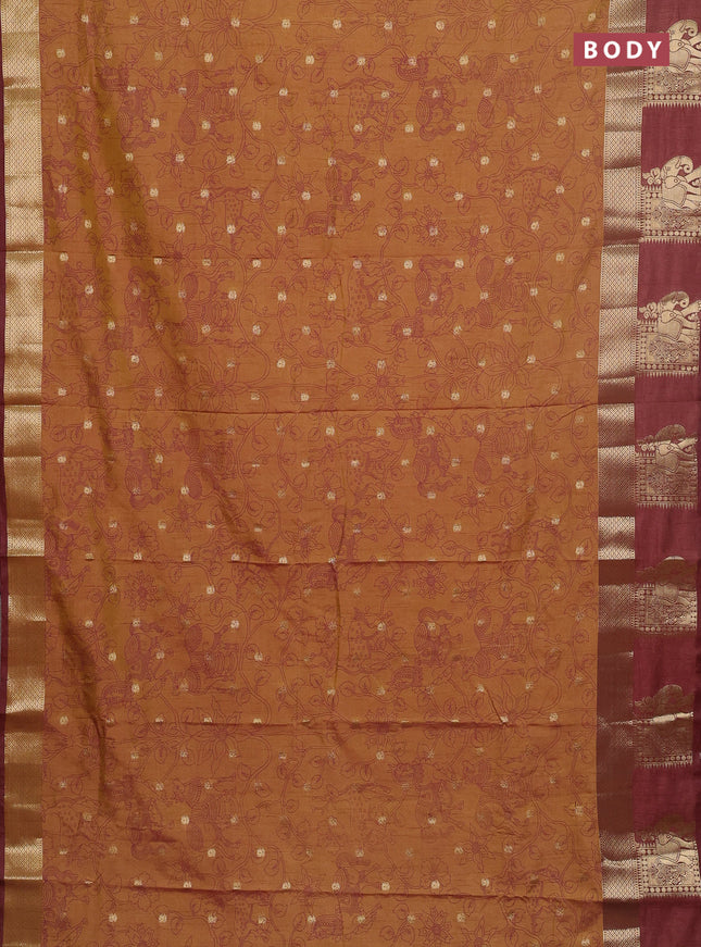 Semi raw silk saree dark mustard green and brown with allover kalamkari prints & 1000 zari buttas and zari woven elephant butta border