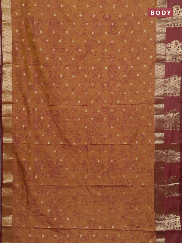 Semi raw silk saree dark mustard green and brown with allover kalamkari prints & 1000 zari buttas and zari woven elephant butta border