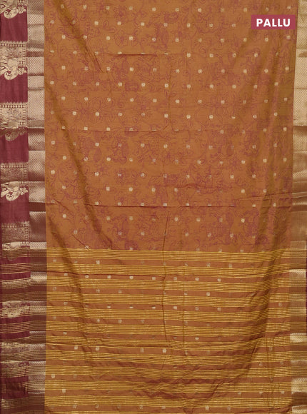 Semi raw silk saree dark mustard green and brown with allover kalamkari prints & 1000 zari buttas and zari woven elephant butta border