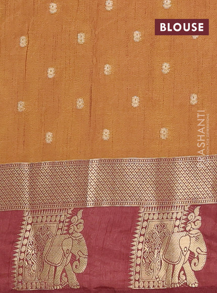 Semi raw silk saree dark mustard green and brown with allover kalamkari prints & 1000 zari buttas and zari woven elephant butta border