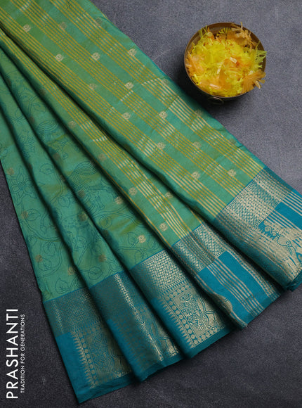 Semi raw silk saree teal bluish green and teal green with allover kalamkari prints & 1000 zari buttas and zari woven elephant butta border