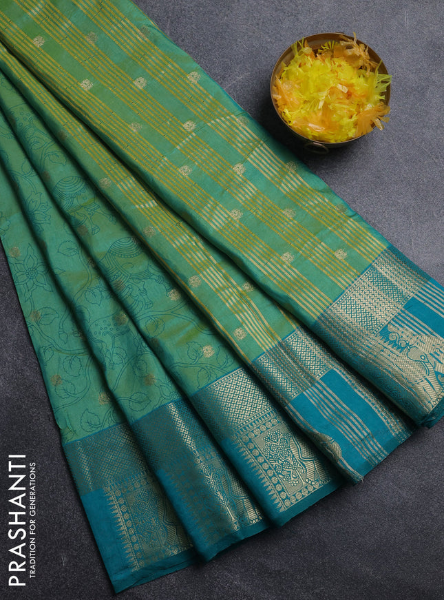 Semi raw silk saree teal bluish green and teal green with allover kalamkari prints & 1000 zari buttas and zari woven elephant butta border