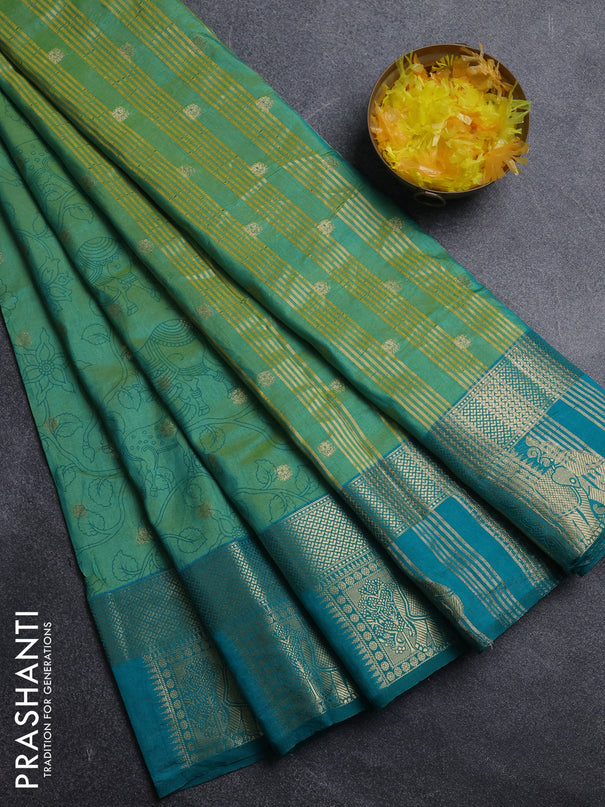 Semi raw silk saree teal bluish green and teal green with allover kalamkari prints & 1000 zari buttas and zari woven elephant butta border