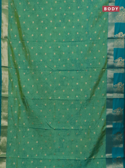 Semi raw silk saree teal bluish green and teal green with allover kalamkari prints & 1000 zari buttas and zari woven elephant butta border