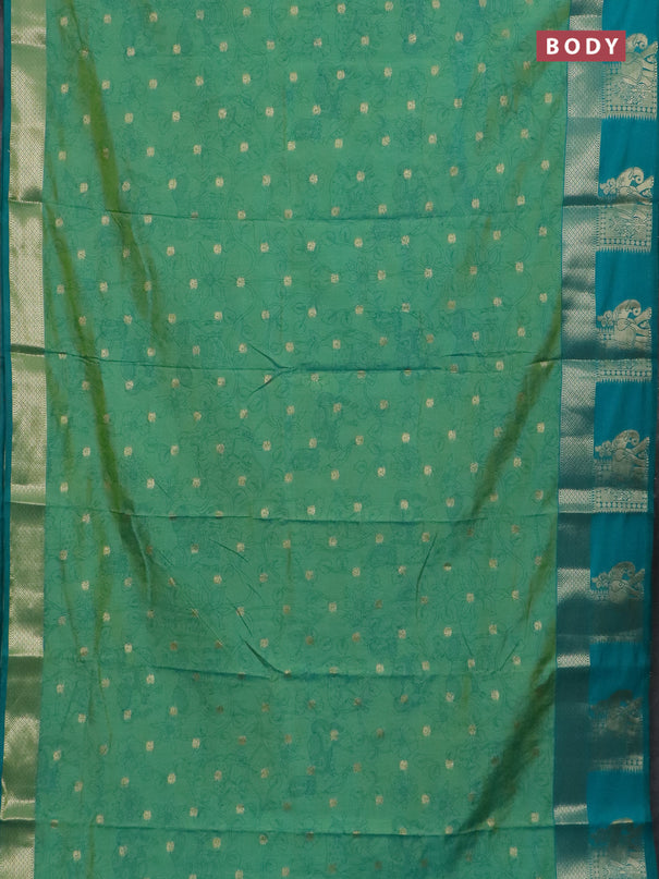 Semi raw silk saree teal bluish green and teal green with allover kalamkari prints & 1000 zari buttas and zari woven elephant butta border
