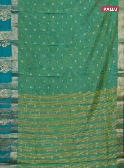 Semi raw silk saree teal bluish green and teal green with allover kalamkari prints & 1000 zari buttas and zari woven elephant butta border