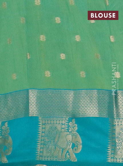 Semi raw silk saree teal bluish green and teal green with allover kalamkari prints & 1000 zari buttas and zari woven elephant butta border