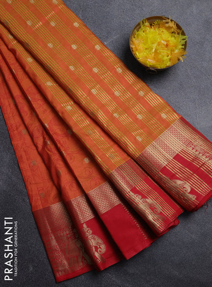 Semi raw silk saree dual shade of orange and red with allover kalamkari prints & 1000 zari buttas and zari woven elephant butta border