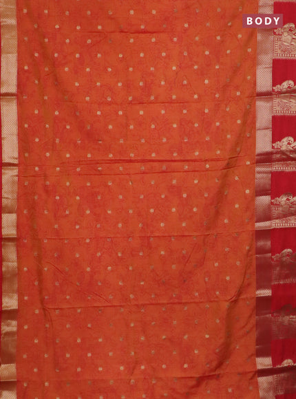 Semi raw silk saree dual shade of orange and red with allover kalamkari prints & 1000 zari buttas and zari woven elephant butta border