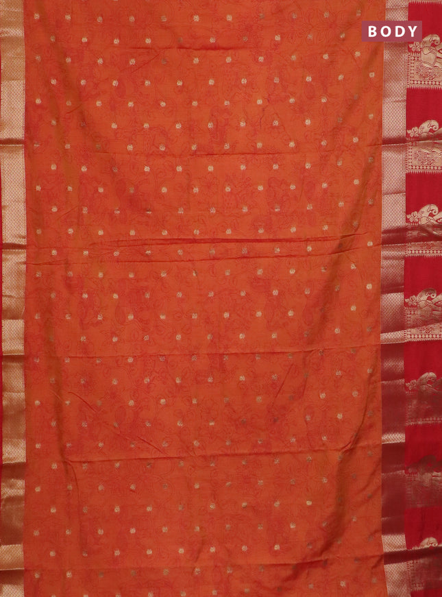 Semi raw silk saree dual shade of orange and red with allover kalamkari prints & 1000 zari buttas and zari woven elephant butta border