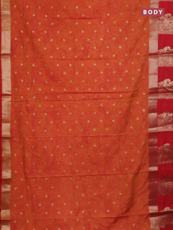 Semi raw silk saree dual shade of orange and red with allover kalamkari prints & 1000 zari buttas and zari woven elephant butta border