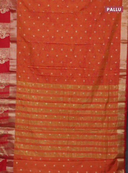 Semi raw silk saree dual shade of orange and red with allover kalamkari prints & 1000 zari buttas and zari woven elephant butta border