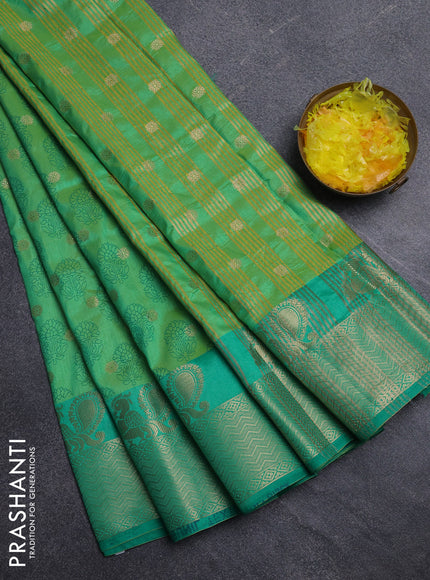Semi raw silk saree light green and green with allover butta prints & 1000 zari buttas and zari woven border