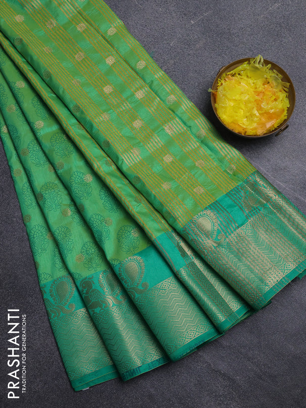 Semi raw silk saree light green and green with allover butta prints & 1000 zari buttas and zari woven border