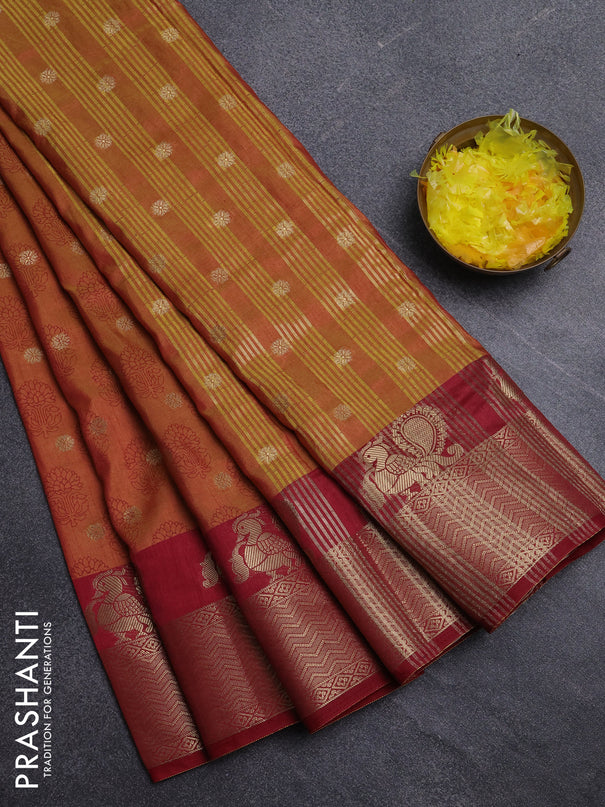 Semi raw silk saree dark mustard and maroon with allover butta prints & 1000 zari buttas and zari woven border