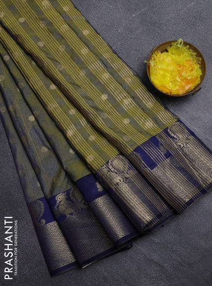 Semi raw silk saree dual shade of mehendi green and navy blue with allover butta prints & 1000 zari buttas and zari woven border