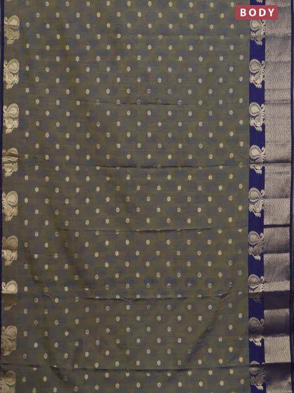 Semi raw silk saree dual shade of mehendi green and navy blue with allover butta prints & 1000 zari buttas and zari woven border