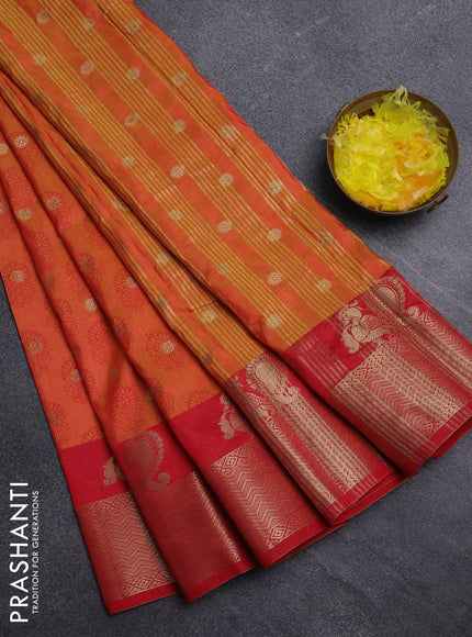 Semi raw silk saree dual shade of orange and red with allover butta prints & 1000 zari buttas and zari woven border