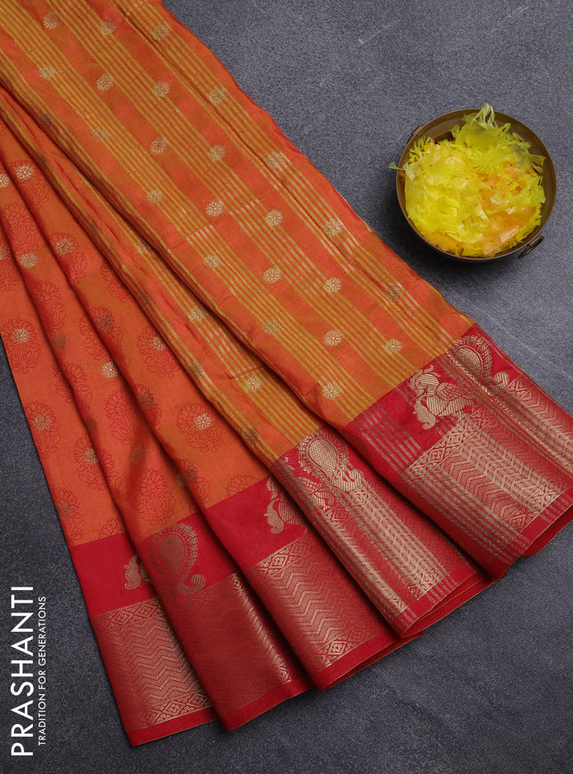 Semi raw silk saree dual shade of orange and red with allover butta prints & 1000 zari buttas and zari woven border