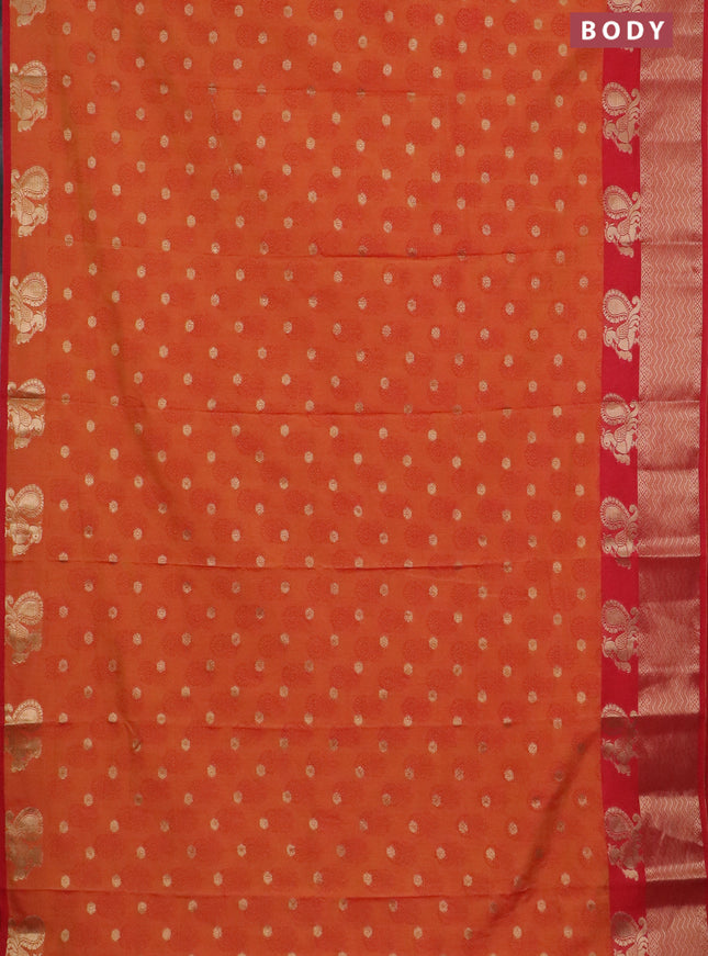 Semi raw silk saree dual shade of orange and red with allover butta prints & 1000 zari buttas and zari woven border