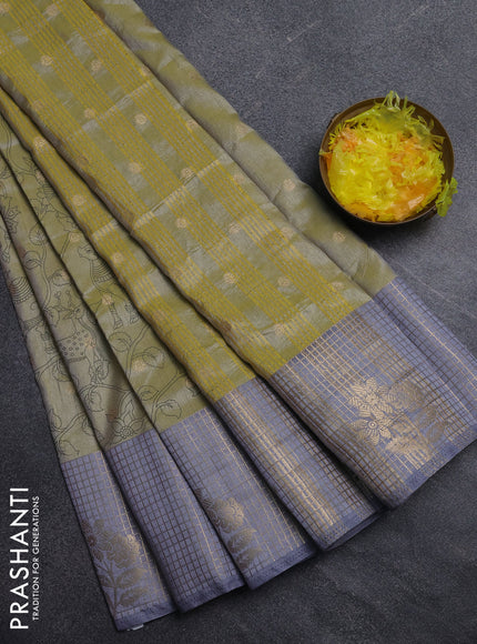 Semi raw silk saree elaichi green and grey with allover kalamkari prints & 1000 zari buttas and zari checked butta border