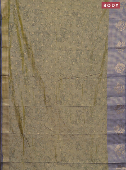 Semi raw silk saree elaichi green and grey with allover kalamkari prints & 1000 zari buttas and zari checked butta border