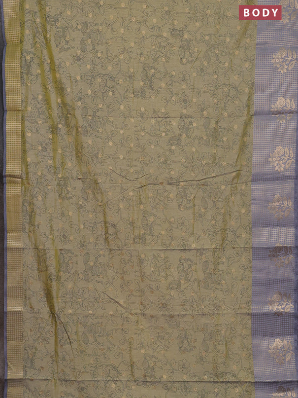 Semi raw silk saree elaichi green and grey with allover kalamkari prints & 1000 zari buttas and zari checked butta border