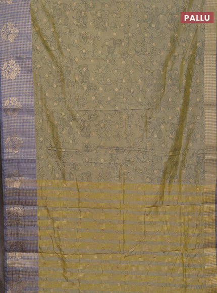 Semi raw silk saree elaichi green and grey with allover kalamkari prints & 1000 zari buttas and zari checked butta border