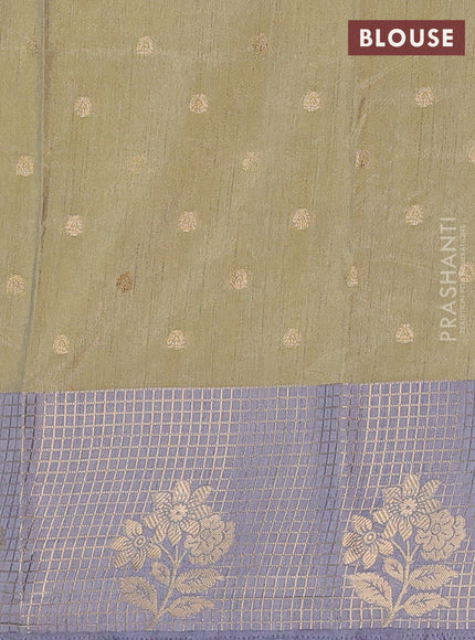 Semi raw silk saree elaichi green and grey with allover kalamkari prints & 1000 zari buttas and zari checked butta border