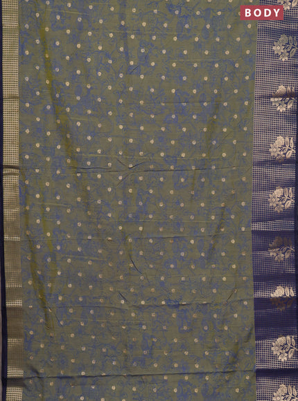 Semi raw silk saree mehendi green and navy blue with allover kalamkari prints & 1000 zari buttas and zari checked butta border